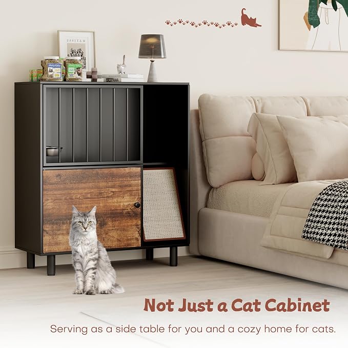Dog Proof Cat Feeding Station, Cat Feeding Station Furniture with Storage and Cats Scratching Board, 2 Raised Pet Food and Water Bowl for Indoor Cats, Large Pet Cabinet - Image 7