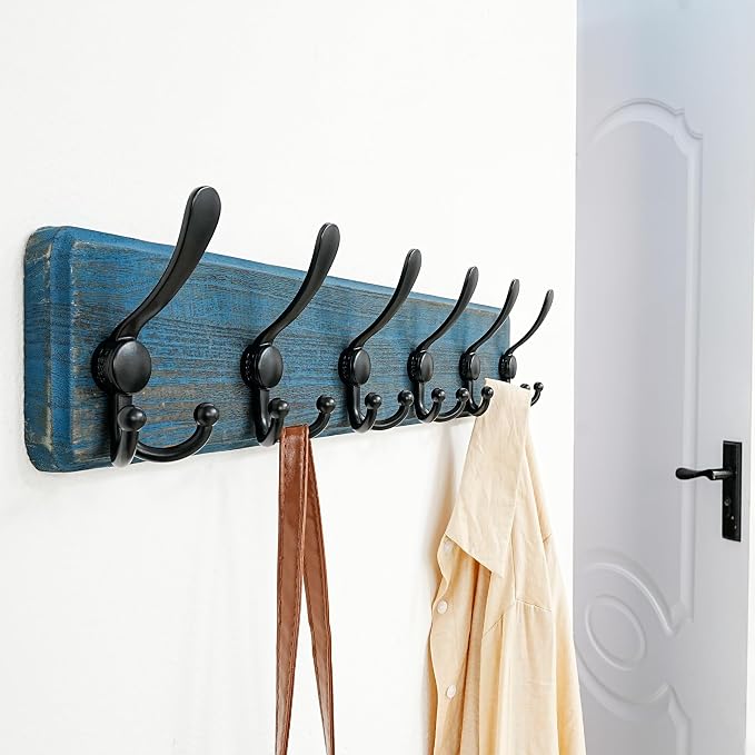 Dseap Coat Rack Wall Mounted - 24" Long 6 Tri Hooks, Heavy Duty Wooden Wall Coat Hanger Coat Hook for Clothes Hat Jacket Clothing, Weathered Blue and Black - Image 8