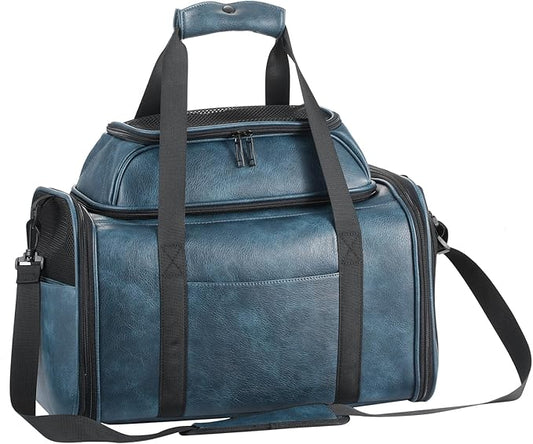 Premium Leather Top Expandable Pet Carrier for Small Dogs & Cats Under 15 lbs, Airline Approved Collapsible Soft-Sided Luxury Travel Bag Blue