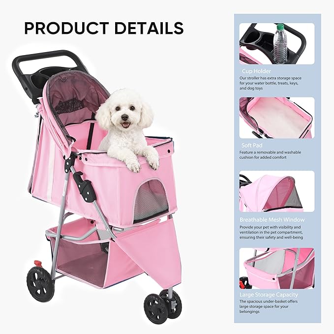 NEWBULIG 3 Wheel Pet Stroller for Dogs and Cats, Foldable, Lightweight and Durable, Ideal for Small to Medium Pets, Includes Storage Basket and Cup Holders