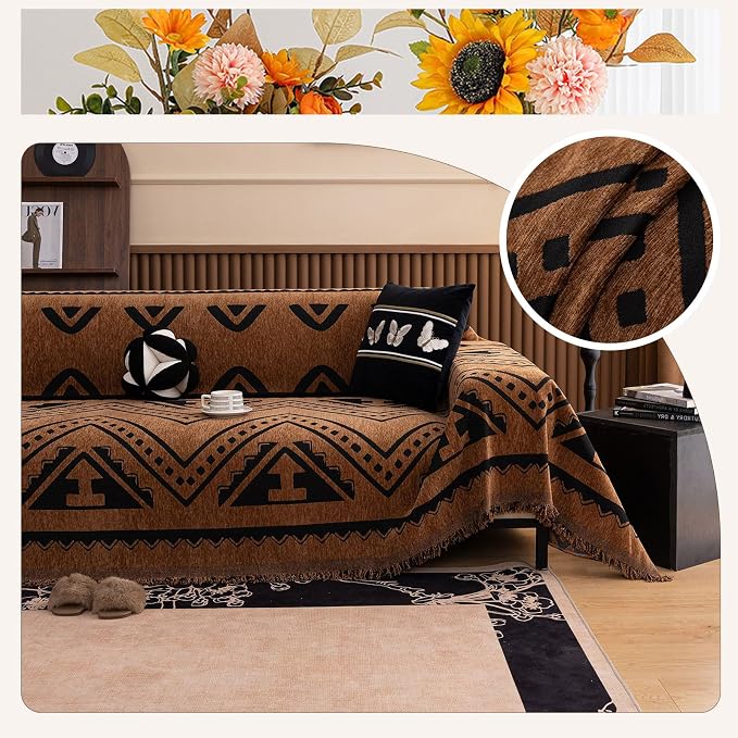 ROOMLIFE Dark Brown Couch Cover 3 Cushion Sofa, Washable Non Slip Furniture Sofa Protector Cover, Soft Chenille Sofa Slipcovers Sectional L Shape Dogs Couch Cover Throw Blanket with Tassels71''X150'' - Image 4