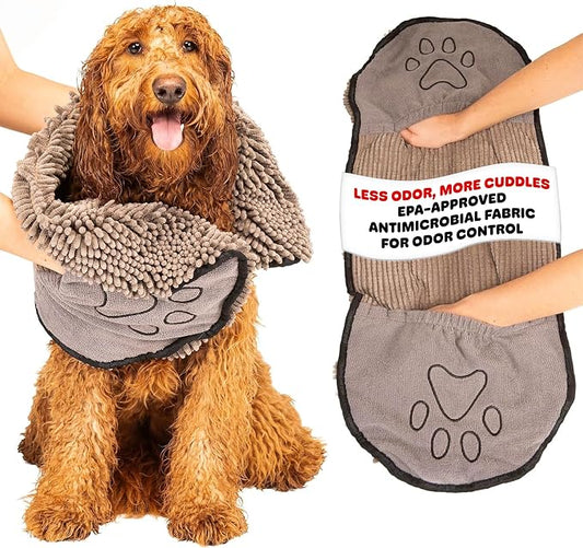 Dog Gone Smart The Dirty Dog Shammy - Antimicrobial Microfiber Dog Towel for Odor Control, Fast-Drying Plush, Dual Hand Pockets & Elastic, Super Absorbent, Machine Washable, 31 x 13 in, Grey by DogGoneSmartBed