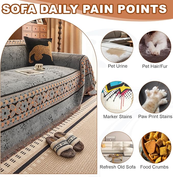 STACYPIK Vintage Floral Couch Cover for Pets, Countryside Aesthetic Gray Sofa Cover for 2 Cushion Couch, Chenille Pet Loveseat Protector for Sectional, Reversible Sectional Slipcover Blanket-71X118IN - Image 6