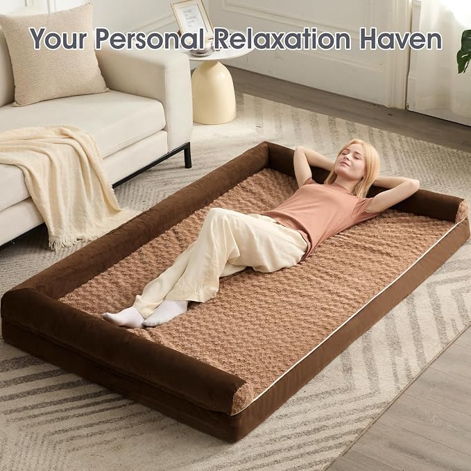 BFPETHOME Orthopedic Washable Human Dog Bed for Adult & Dog Cozy Sleep | Human Size Waterproof Big Soft Pet Couch Bed for Adult & Dogs Relax with Removable Cover Supportive Foam Brown 71x46 Inch - Image 3