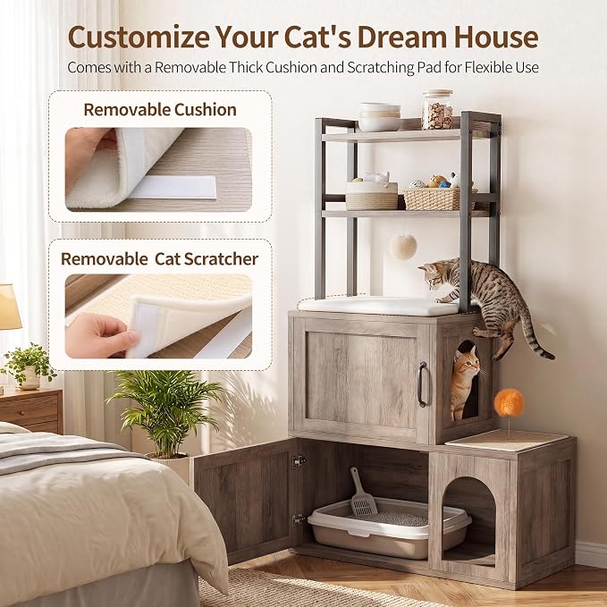 Heybly Cat Litter Box Enclosure Furniture, Double Hidden Litter Box Cabinet with Cat Tree, Large Litter Box Enclosure with Shelves & Storage, Cat House for 2 Cats, Cat Box Enclosure, Greige HCLB002SG - Image 5