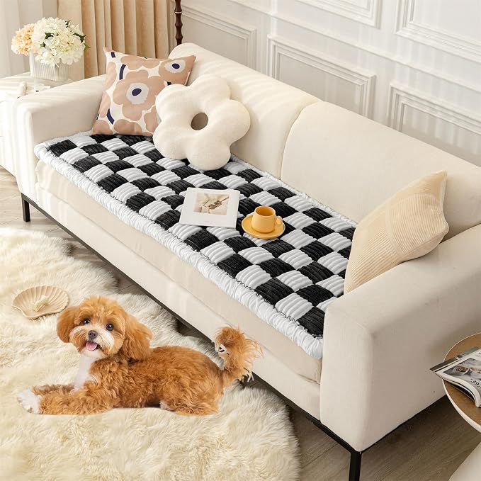 Fuzzy Couch Cover for Dog, Modern White Black Checkered Couch Cushion Cover | Non Slip Couch Cover for 2 Cushion Couch Sofa Pet Friendly, Washable Sofa Cover Durable Anti-pilling Furniture Protector by VCLIFE