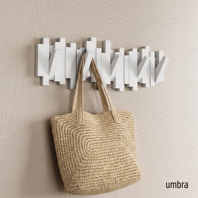 Umbra Sticks Wall Mount Coat Rack, 5 Hook Retractable Pegs, White | Mounting hardware included, sculptural modern design, entryway or bedroom use, recycled plastic - Image 2