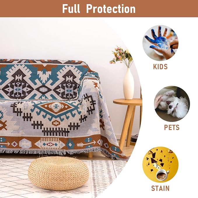 Homcosan Sofa Slipcovers Towel Reversible Geometrical Sectional Couch Cover Sofa Blanket for 3 Seat Boho Sofa Cover with Tassels Couch Protector for Pets, Kids - Image 4