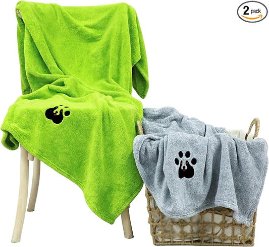 Dogvingpk Extra Large Dog Towel 2 Pack, Super Absorbent Soft Quick Drying Microfiber Pet Bath Towels for Large & Medium Dogs (XL-55" * 36", Green and Grey) by Dogvingpk