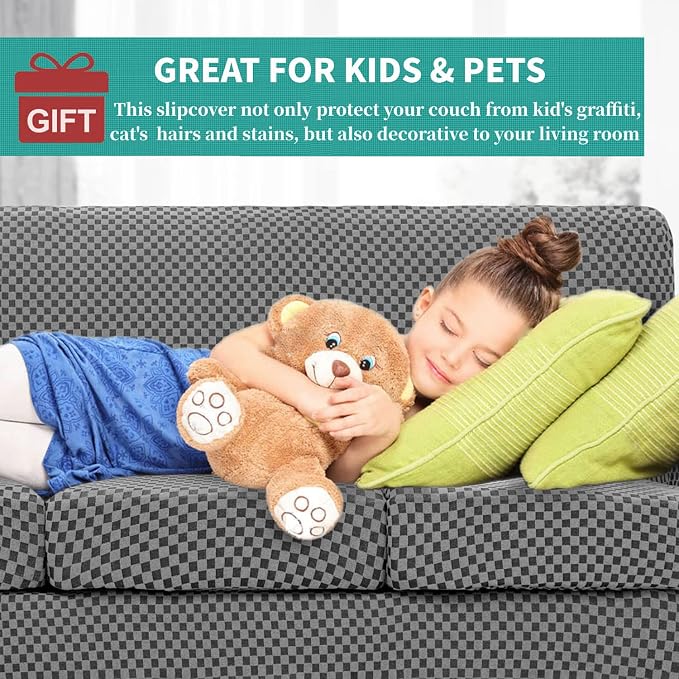 YEMYHOM Latest Checkered 4 Pieces Couch Covers for 3 Cushion Couch High Stretch Thickened Sofa Cover for Dogs Pets Living Room Anti Slip Elastic Slipcovers (Dark Gray Checkered), 71"-91"(3 Cushions) - Image 3