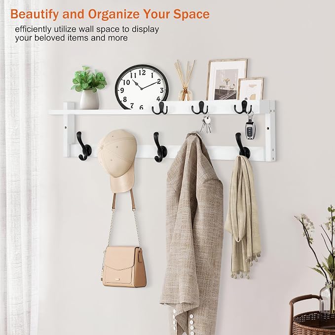 29'' Coat Rack Wall Mount with Shelf, Coat Hanger Wall Mount with Key Hooks and Mail Holder, Wood Entryway Floating Shelf with Hooks and Storage, Hat Rack for Wall Key Holder Mail Organizer - Image 7