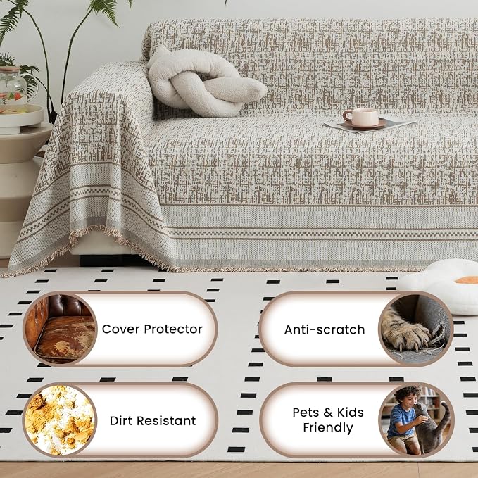 Khaki 71"x165" Waterproof Sectional Sofa Cover Boho Couch Protector for Pet | Anti Scratch Furniture Protector Pet Friendly Washable Soft Thick Chenille Couch Slipcover for 2-3 cushion, Sectional Sofa - Image 6