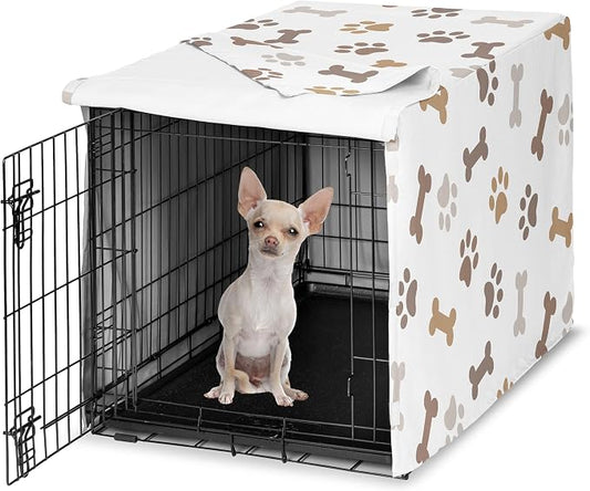 Sweet Jojo Designs 24in. Small Dog Crate Cover (Bones and Paw Prints) Pet Cage, Kennel Covers (Modern, Cartoon, Doggy, Puppy, Neutral, Paws Print, Whimsical, Brown, Tan, Grey, Taupe and Off White) by SweetJojoDesigns