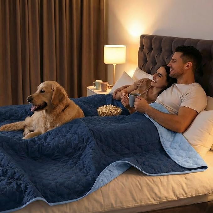 FunFurry Waterproof Dog Blanket, Couch Cover for Dogs Washable, Reversible Dog Bed Cover, Couch Furniture Protector. (Dark＆Light Blue, 82 X 102 Inch - 1 Pack) - Image 3