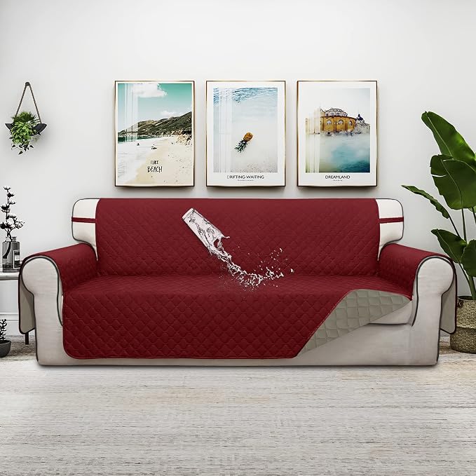 ISSUNTEX Double Protection 100% Waterproof Sofa Covers for Living Room, Couch Covers for 3 Cushion Couch Sofa, Reversible Furniture Protector Sofa Cover for Dogs, Pets (Sofa, Christmas Red/Beige) - Image 2