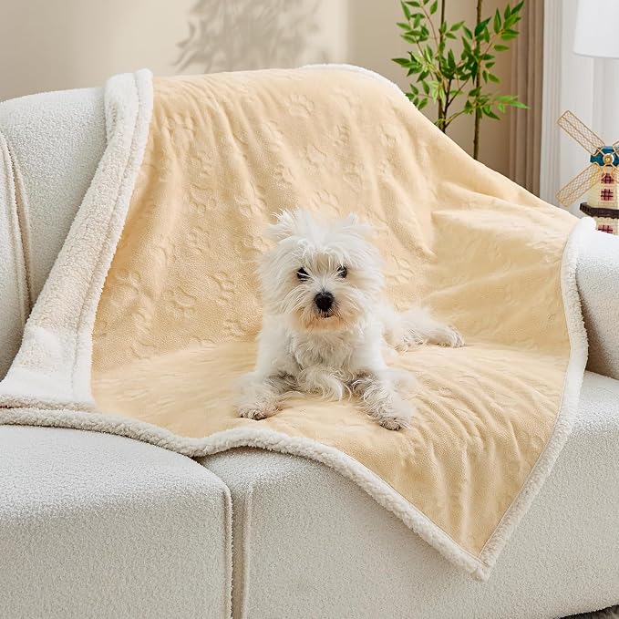 Qeils Pet Blankets for Cats - Waterproof Cat Blanket Washable - Sherpa Fleece Puppy Blanket, Soft Plush Reversible Throw Protector for Bed Couch Car Sofa, 40"X50", Khaki by Qeils