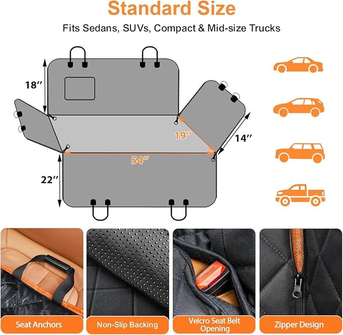 URPOWER Dog Car Seat Cover for Back Seat, Waterproof Hammock for Car & SUV | 600D Oxford, Side Flaps with Zippers, Scratch Resistant, Non-Slip, Easy Install, Machine Washable, Dog Seat Belt Included - Image 6