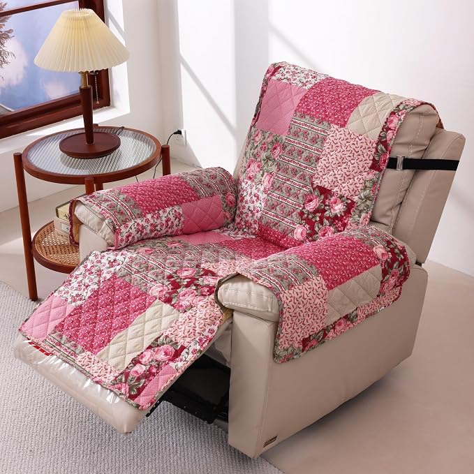 Skidproof Sofa Cover-Patchwork Sofa Slipcover with Elastic Straps-Easy Fit Slip Cover-Washable Furniture Protector for Pets and Kids(Recliner,Hot Pink) by cmfshape-quiltset