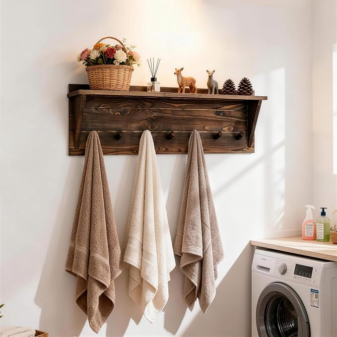 WEBI Coat Rack Wall Mount with Shelf,30" Long Entryway Wall Shelf with Hooks Underneath,7 Peg Hooks for Hanging Coats,Caps,Jacket,Clothes,Brown - Image 6