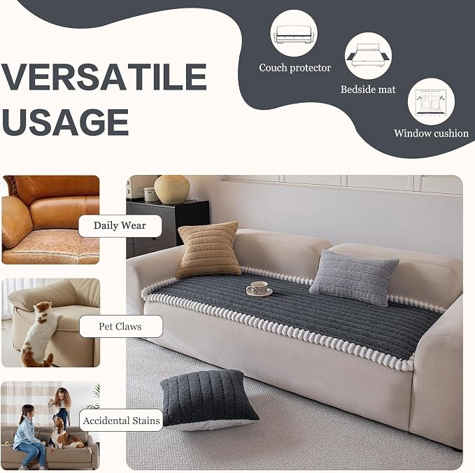 DREAMINGO Non Slip Couch Cover for Dogs Fuzzy Pet Sofa Covers Washable Thick Plush Sofa Slipcover Striped Texture Dark Grey Cushion Protector Dog Cat Bed Mat 27.6x59.1 Inch - Image 5