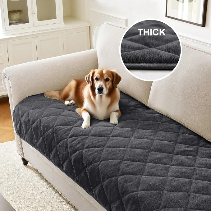 PrinceDeco Couch Covers for Dogs Chenille Sofa Covers for 2 Cushion Washable Quilted Checkered Fuzzy Pet Couch Cover Soft Couch Protector Non-Slip Sofa Pads for Puppy Cat Kids(34.5" x 60", Grey) - Image 6