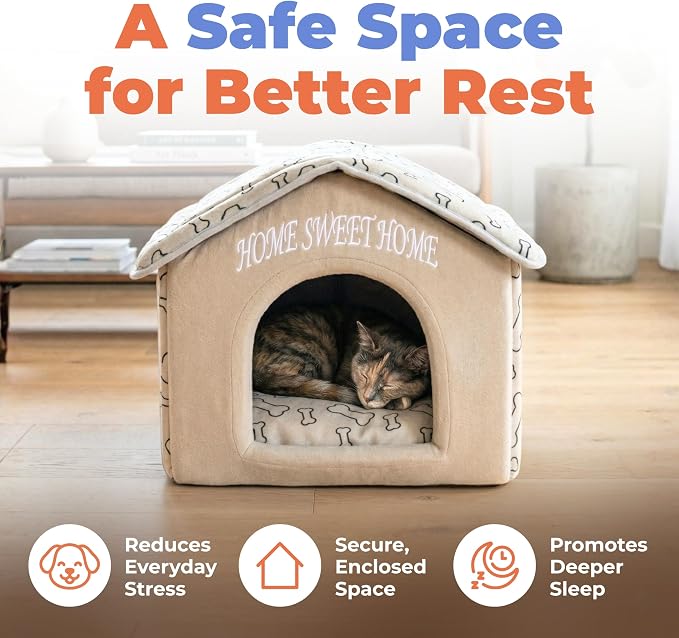 Best Pet Supplies Cat Bed for Indoor Cat, Domed Tent House with Removable Pillow, Covered Cat Cave for Small Dog, Puppies and All Breeds of Cats - Light Brown w/ Bones, 16 x 16 x H:14" - Image 2