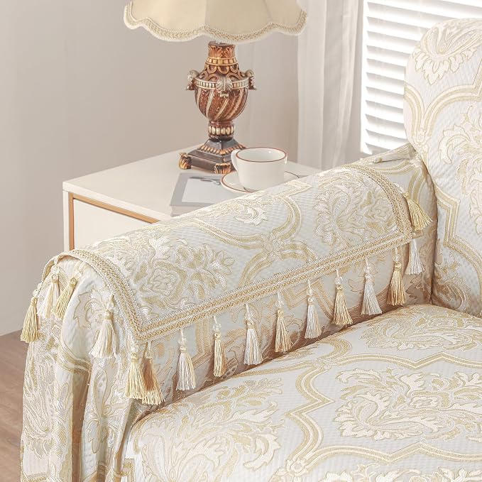 Loom and Mill Luxury Elegant Sofa Arm Covers 2 PCS, Beige Gold, 20x24in | European Damask Floral Couch Armrest Cover with Tassels, Non-Slip Furniture Protector for Chair Sofa Recliners Couch Dogs Pet - Image 4