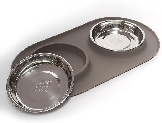 Messy Cats Double Silicone Feeder, Stainless Bowls, 1.75 Cup, Grey | Non-Slip Silicone Double Cat Feeder With Two Removable Stainless Steel Saucer Bowls For Food And Water - Image 2