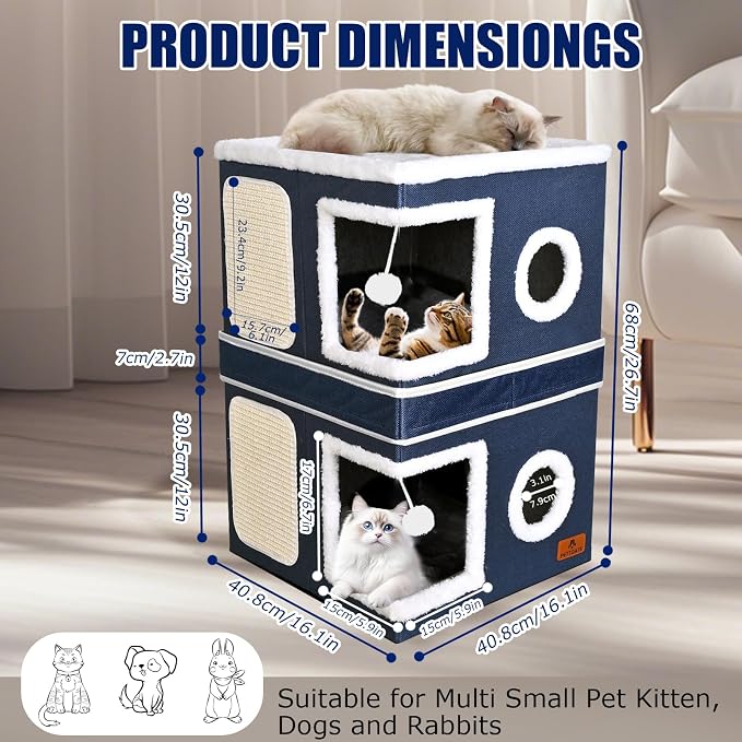 2-Story Cat House for Indoor Cats, Dual-Purpose Cat Cave Bed with Scratch Pad and Fluffy Ball, Foldable Cat Hideaway, Cute Cat Condo Furniture for Multi Small Pet Kitten, Blue - Image 2