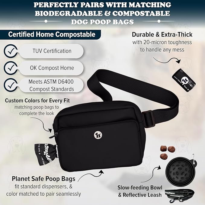 Puppington 3-in-1 Crossbody Dog Treat Pouch for Pet Training - Compostable Poop Bags, Built-In Poop Bag Dispenser, Slow-Feeding Travel Dog Bowl & Reflective Leash - Dog Walking Bag (Onyx Black) - Image 5