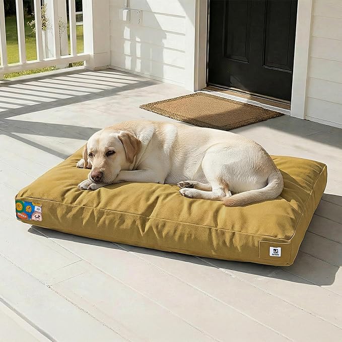 Sytopia 42 Inch Canvas Outdoor Dog Bed for Extra Large Dogs, Durable Dog Bed with Waterproof Machine Washable Removable Cover, Indoor Patio Pet Pad for Crate, Yellow by Sytopia