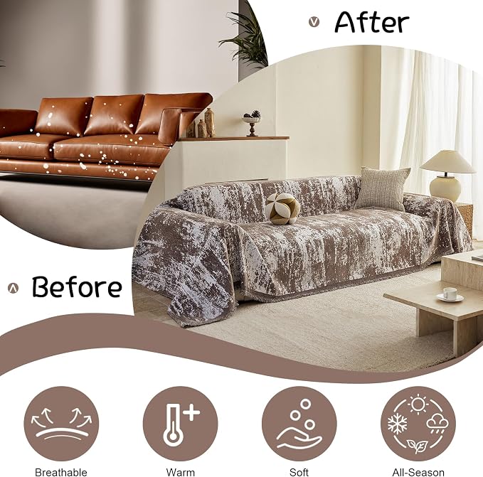 VClife Boho Couch Cover, Non Slip Soft Couch Covers for 2 Cushion Couch Sofa Pet Friendly, Irregular Vintage Brown Off-White Scraped Texture Furniture Protector Sofa Slipcover for Dog, 71" X 118" - Image 4