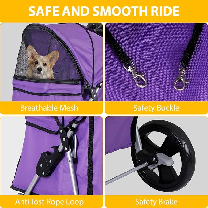 Pet Stroller 4 Wheels Dog Cat Stroller for Small Medium Dog Cats Carrier Jogger Travel Foldable Puppy with Storage Basket and Cup Holder (Purple)