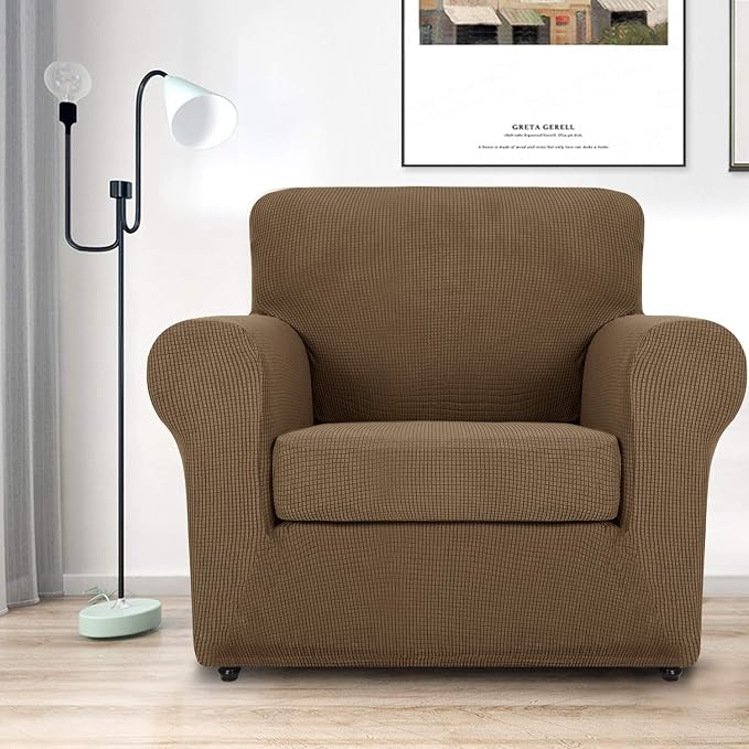 MAXIJIN 2 Piece Chair Slipcovers with Arms Super Stretch Chair Covers for Living Room Dogs Pet Proof Fitted Sofa Couch Protector Spandex Non Slip Armchair Slipcover Washable (Chair, Brown) - Image 2