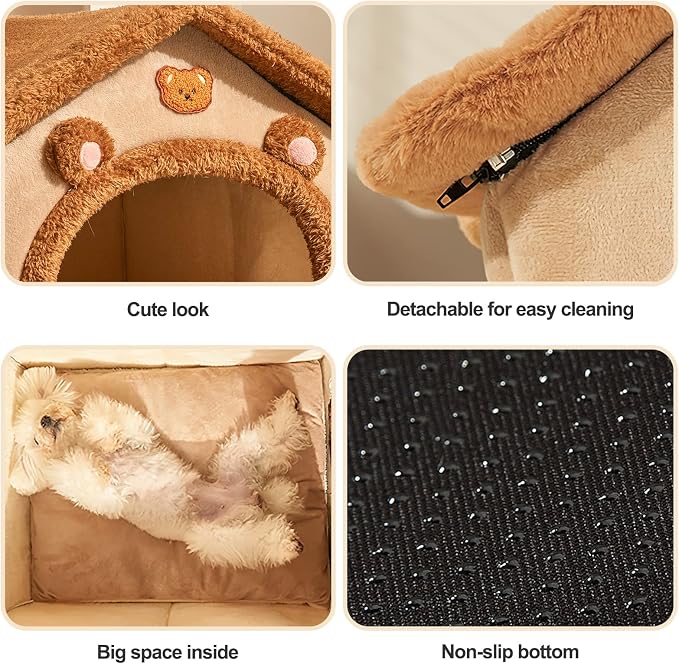 Cat Cave Bed, Washable Dog Bed, Warm and Cosy Cat House, Foldable Comfortable Pet Cat House, Dog Bed with Removable Cushion(S, Brown) - Image 5