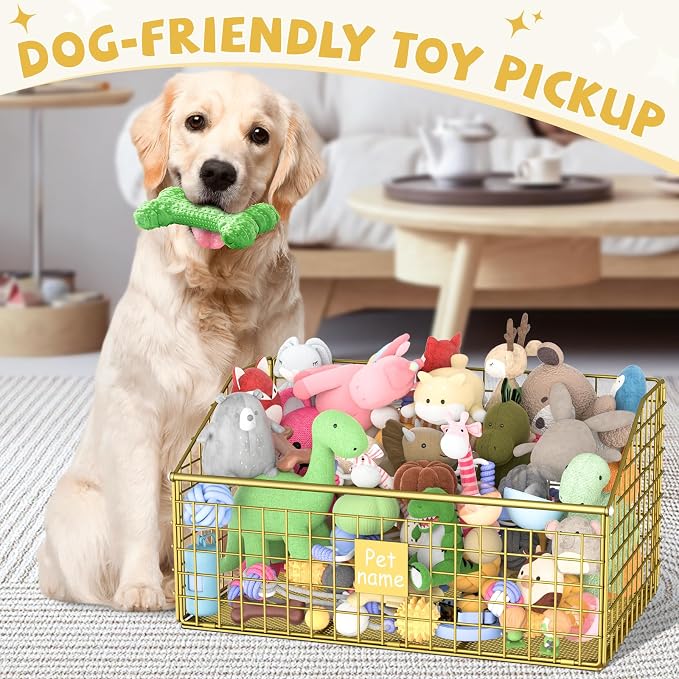 Kaiferty Indestructible Dog Toy basket, Large Toy Bin for Dogs,Pet Toy Bin Dog Metal Basket Organizer Storage for Toys Food Storage (Gold) - Image 3