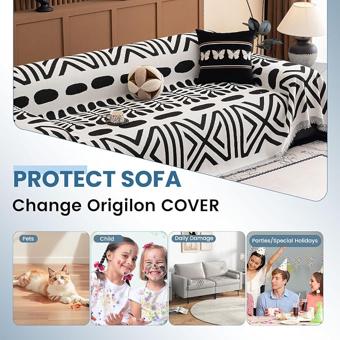 STACYPIK Modern Geometric Sofa Cover for Pets Dogs Non Slip Couch Cover Black White Furniture Protector for L-Shaped Sectional Boho Couch Cover for 2 Cushion Couch Multi-Use Sofa Slipcovers-71X118IN - Image 2