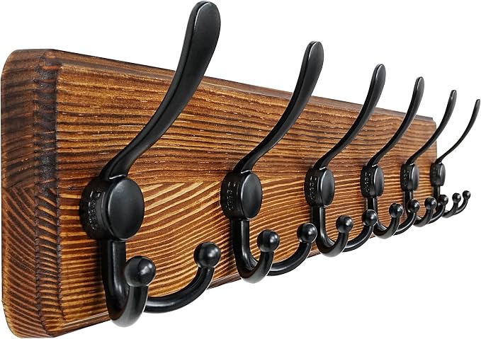 Dseap Coat Rack Wall Mounted - 24" Long 6 Tri Hooks, Heavy Duty Wooden Wall Coat Hanger Coat Hook for Clothes Hat Jacket Clothing, Natural and Black by Dseap