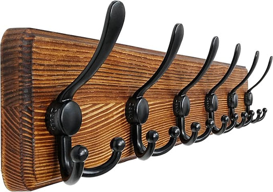 Dseap Coat Rack Wall Mounted - 24" Long 6 Tri Hooks, Heavy Duty Wooden Wall Coat Hanger Coat Hook for Clothes Hat Jacket Clothing, Natural and Black by Dseap
