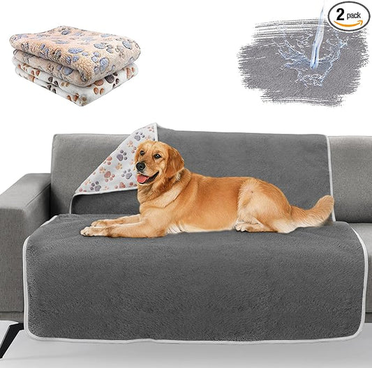 YUEPET 2 Pack Waterproof Dog Blankets, Large Dog Blanket, 50 x 40 in | Machine Washable, Waterproof Inner Layer, Sofa Bed Cover, Reversible Fleece, 50 x 40 in, Large Dogs and Cats, White Coffee by YUEPET
