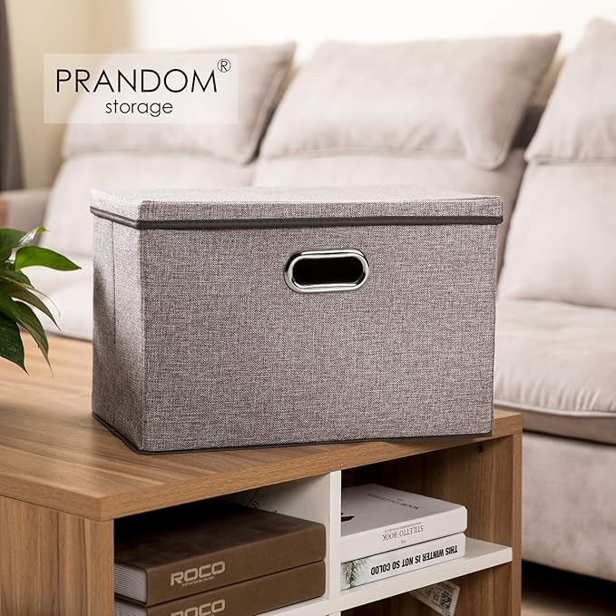 PRANDOM Large Foldable Storage Bin with Lid [1-Pack] Linen Fabric Decorative Storage Box Organizer Containers Basket Cube with Handles Divider for Bedroom Closet Office Living Room (17.7x11.8x11.8) - Image 2