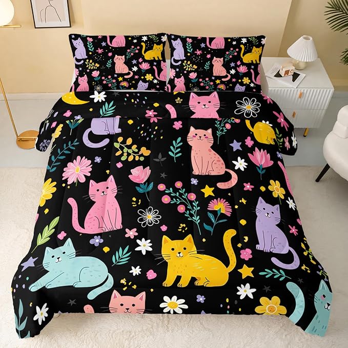 QOOMO Floral Cat Comforter Twin Size,Black Cats Bedding Set for Kids Teens Girls,3Pcs Bedding Set Printed Comforter with 2 Pillowcases,Down Alternative,Soft and Lightweight(Black，Twin Size) - Image 2