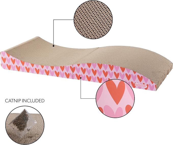 Eero 32" Modern Foldable Lounge Cat Scratcher with Catnip, Large Corrugated Cardboard Sofa Scratching Pad for Indoor Cats, Hearts, Pink CSR1011F - Image 4