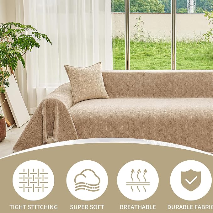 VANJOROY Boho Oversized Couch Sofa Cover for 3-4 Cushion Sectional Sofa L-Shape -Washable Chenille Couch Cover for Dogs Pets, Khaki Couch Cover Protector Soft Sofa Slipcovers with Tassel,91"x 150" - Image 2