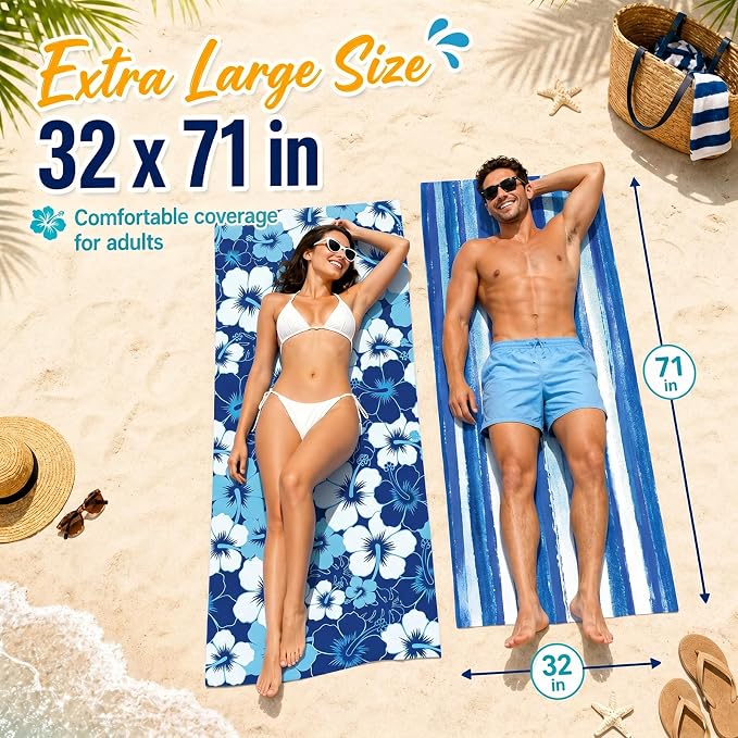 6 Pack Microfiber Beach Towel Set 32x71 Oversized Extra Large Swim Pool Towel Absorbent Bath Blanket Soft Fiber Beach Towels Set for Spa Travel Swim Pool Accessories Vacation Essential Gift(Blue) - Image 2