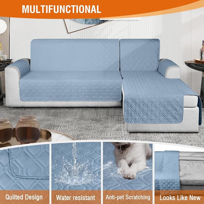 VANSOFY Sectional Couch Covers 100% Waterproof L Shaped Sofa Slipcover 3pcs Reversible Chaise Lounge Cover for Sectional Sofa Furniture Protector Cover for Pets Dog Cat(Small, Azuree) - Image 4