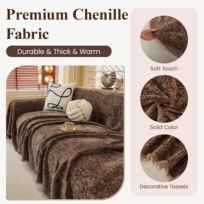 XXL Brown Couch Cover for Dog Scratch Non Slip Chenille Sofa Cover | Wear & Tear Resistant Furniture Protector for Pets Dogs Cats, Suitable for Chairs, Loveseat, L-Shaped Sofas, Tassels Design - Image 4