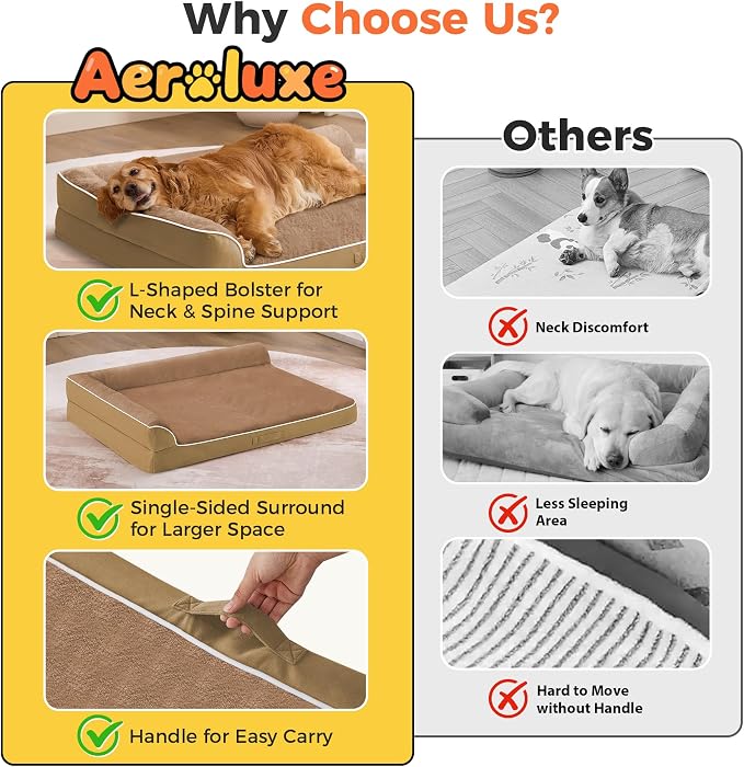Dog Bed Large Sized Dogs, XL Orthopedic Dog Bed for Large Dogs 42"x30"x7.5", Waterproof Pet Bed with Washable Removable Cover, L-Shaped Pet Couch with Portable Handle, Camel - Image 3
