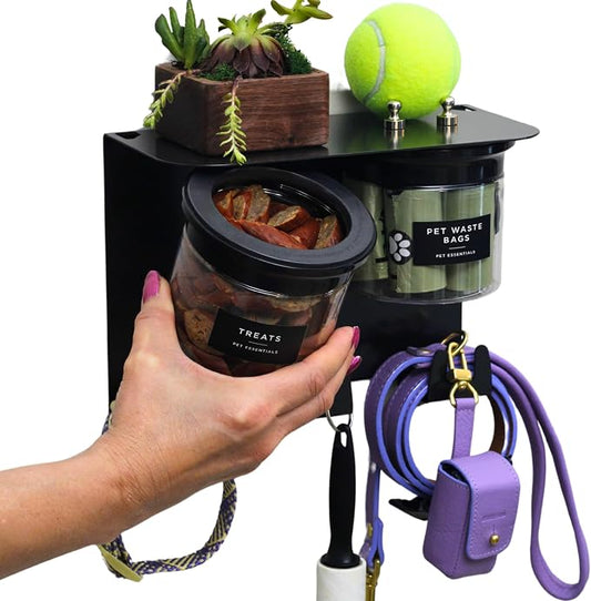 Dog Treat Holder for Wall Storage for Pets, Premium Pet Wall Organizer, Includes Two 16oz Airtight Dog Treat Jars, 3 Sets of Triple Hooks, Sturdy Shelf in Modern Black by Vascito