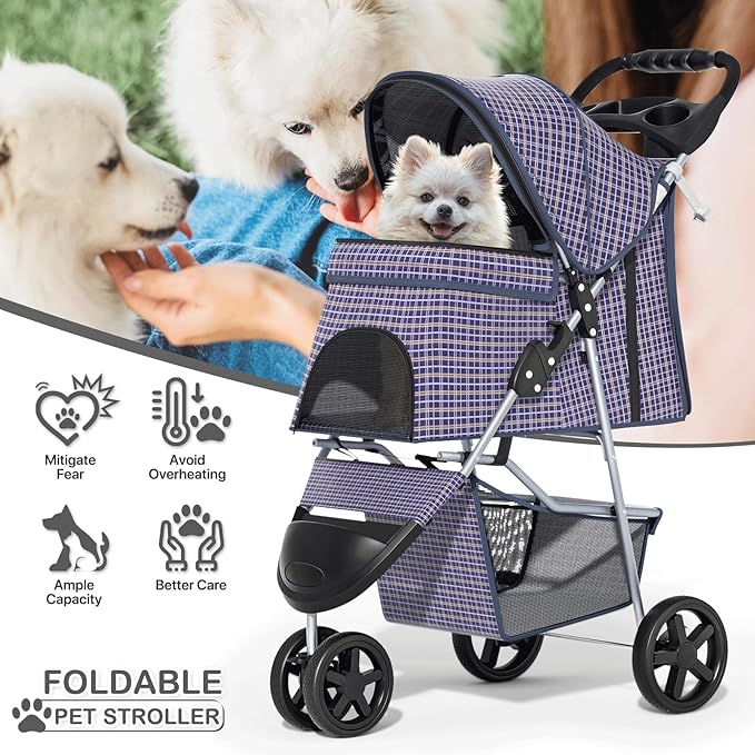 MoNiBloom 3 Wheels Pet Dog Cat Stroller for Small Medium Dogs Cats, Lightweight Foldable Jogger Stroller w/Storage Basket and Cup Holder, Plaid